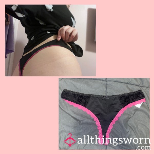 BLACK WITH PINK LACE THONG MEDIUM - WORN FOR 24 HOURS 💦💓