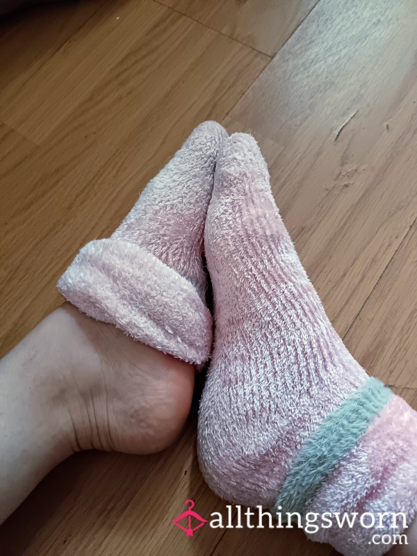 6 Photos Of Worn And Not Yet Washed Pink Fluffy Socks And Feet