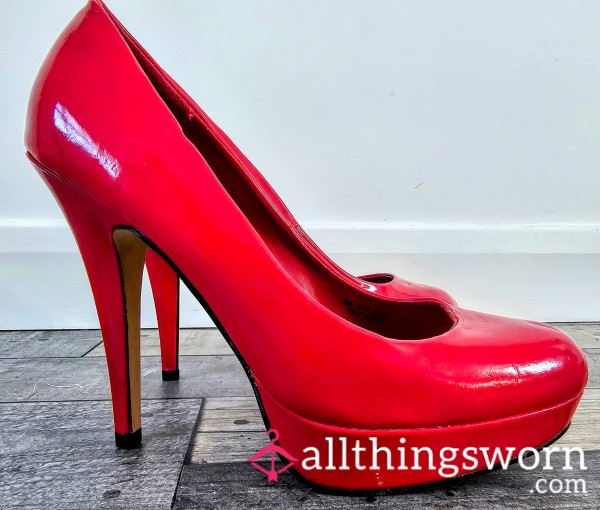 (NS) Extremely Well Worn Red Shiny Court Dom Heels For You Foot Fet**h Lovers - UK 6 - Really Smell Of Me !