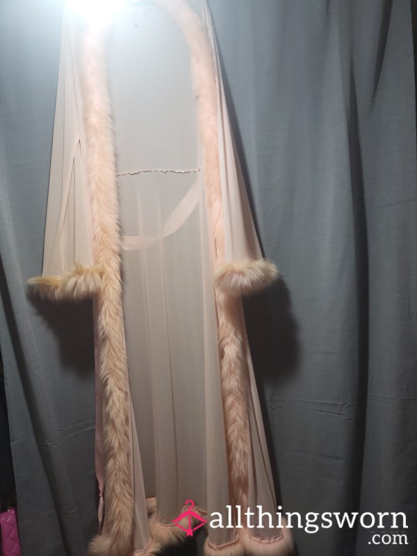 Baby Pink Long Sheer Ribe With Faux Fur Trim