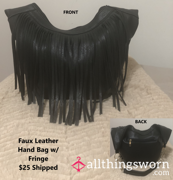 Black Faux Leather Hand Bag With Fringe