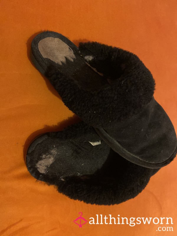 Black Fur Trimmed Well Worn Slippers