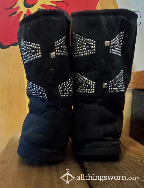 Worn Black Fuzzy Boots With Rhinestones
