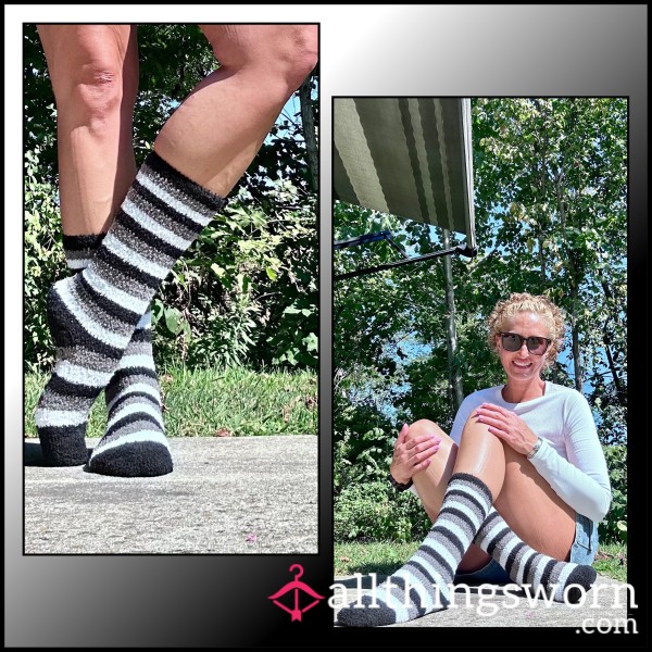 Black Gray And White Striped Tall Fuzzy Socks | 3 Day Wear!!