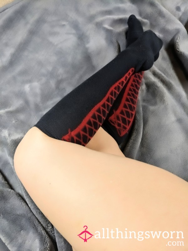 Black Knee High Socks With Red Lace Up Back Print