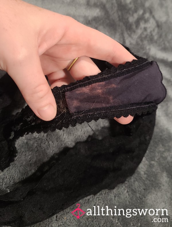 Bleached Gusset Black Lace Size Small Thong - Wet & Well-Used