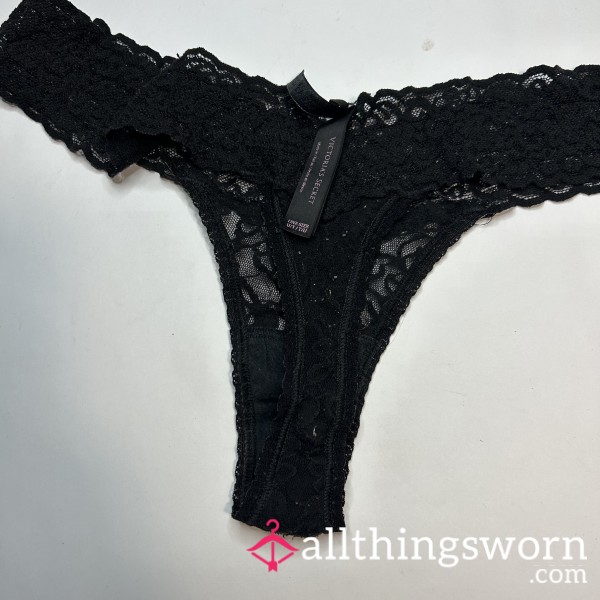 Black Lace Thong With Bleached Gusset