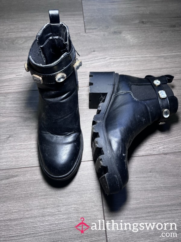 Black Leather Bling Designer Extreme Worn Boots