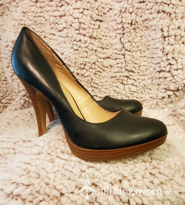 Black Leather & Woodgrain Platform Heels - Worn & Sweaty Size 8