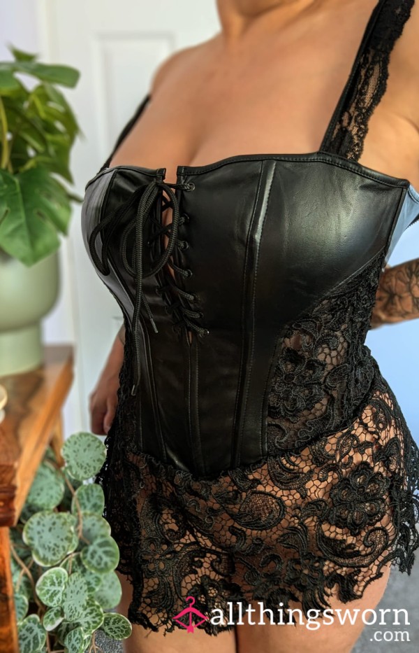 JUST REDUCED - Black PVC (Faux Leather) And Soft Lace All-in-One Corset Dress