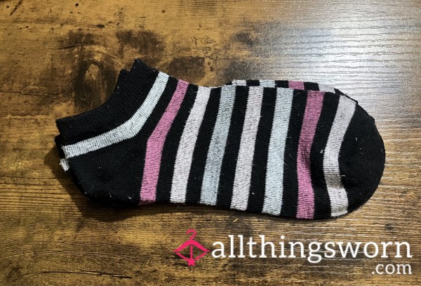 Black Thin Ankle Socks W/ Gray & Pink Stripes - Includes US Shipping & 24 Hr Wear -