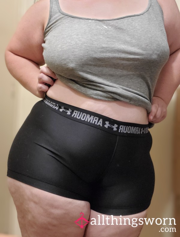 Black Under Armour Biker Shorts Worn Without Underwear