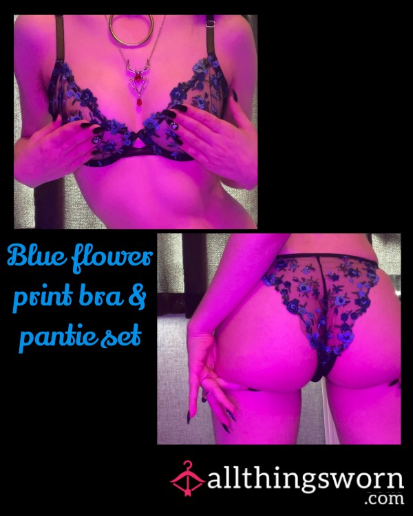 Blue Flower Patterned Bra & Pantie Lingerie Set 💙🖤