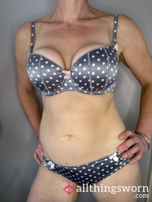 Bra & Brazilian Set. Light Grey & Pink Polka Dots.