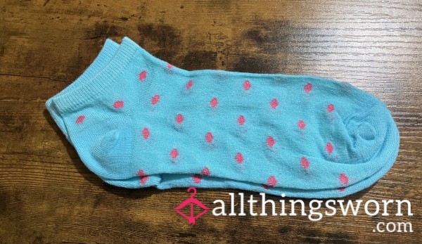 Bright Blue Ankle Socks W/ Pink Polka Dots - Includes US Shipping & 24 Hr Wear