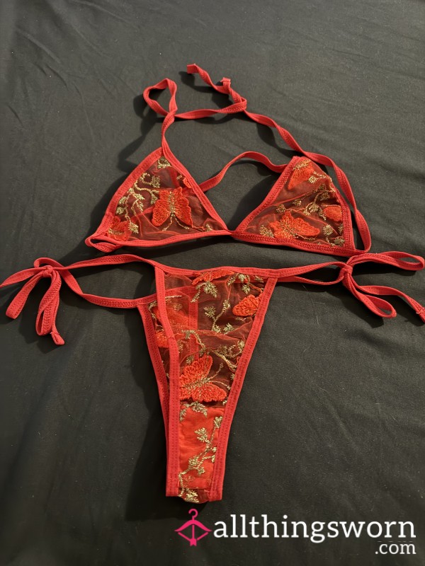 Bu*terfly Mesh Red Lingerie Set