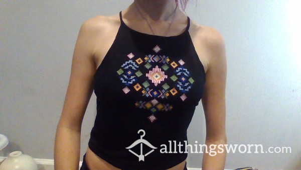 My Favorite Cross Back, Crop Top, Black Halter Top With Beautiful Colorful Tribal Detail!