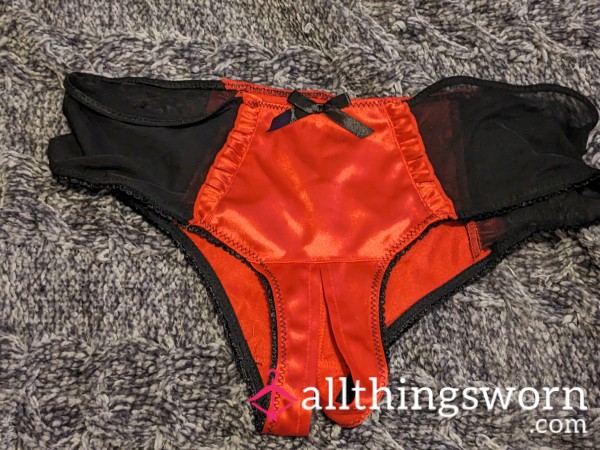 Crotchless Red And Black Satin And Mesh Panties