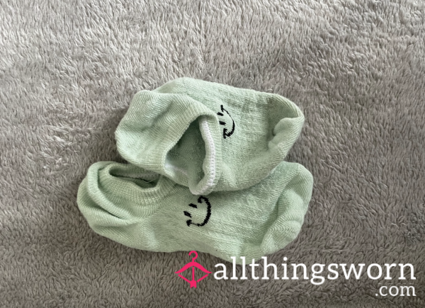 Cute Light Green Smiley Socks (worn)