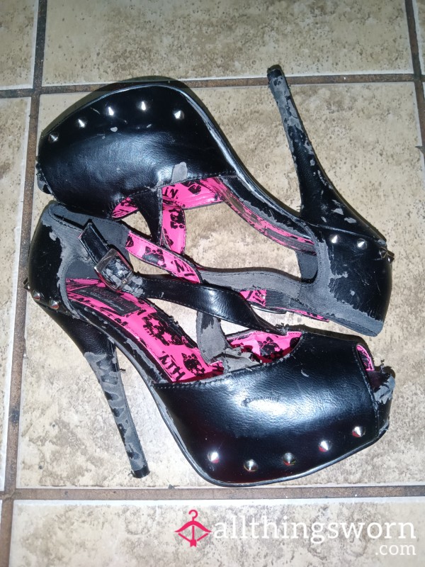 Destroyed Black Leather High Heels