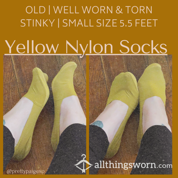 Old & Dirty Yellow No-show Socks 👣 Nylon, Hole In Toe 🫣 48hr Wear