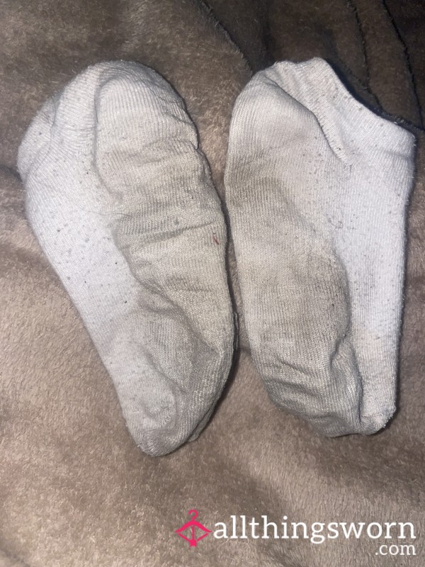 Extremely Well Worn White Trainer Socks- Sour Sweaty Smell Crusty