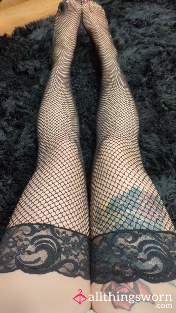 Fish Net And Lace Black Thigh High Stockings