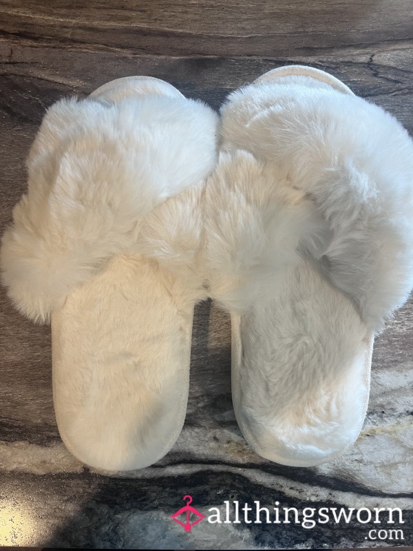 Fuzzy Soft White Well Worn Slippers