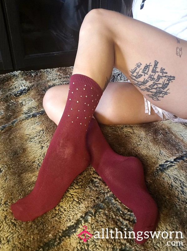 Girly Maroon Burgandy Red Socks Cotton Tall Sparkly Embellished Socks Tattooed Asian Japanese Feet & Legs❣️