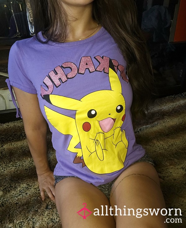 💜 Girly Pikachu Top Pokémon Shirt Graphic Anime Sparkly Purple T-Shirt Busty Asian Japanese Boobs Tattooed Fitness Model