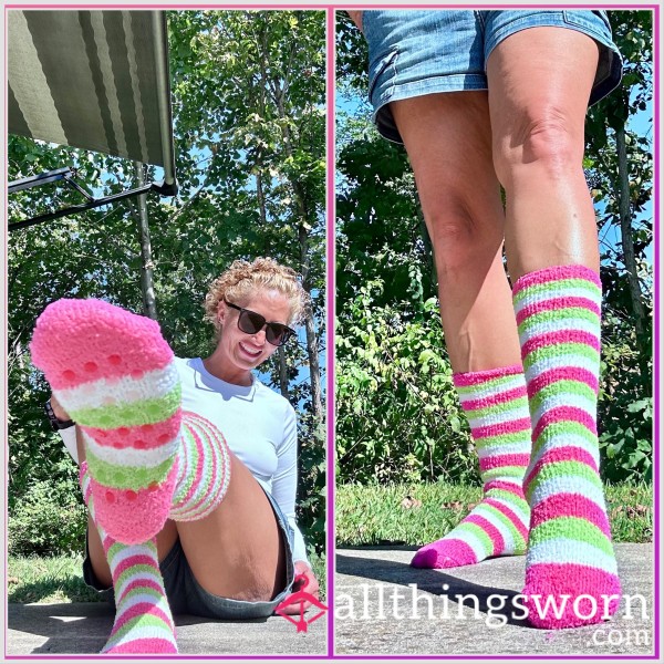 Hot Pink And Lime Green Striped Tall Fuzzy Socks | 3 Day Wear!!