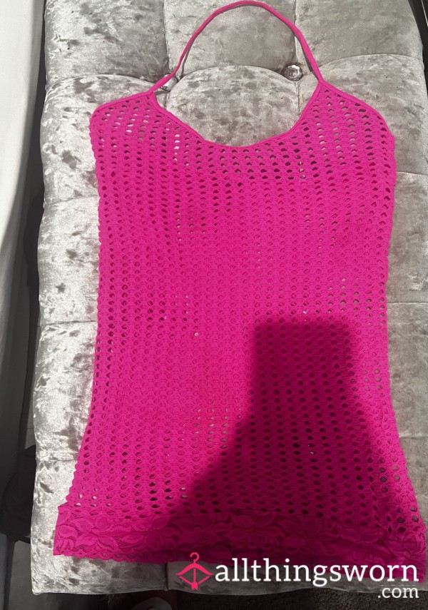 Hot Pink Fishnet Dress With Lace Trim