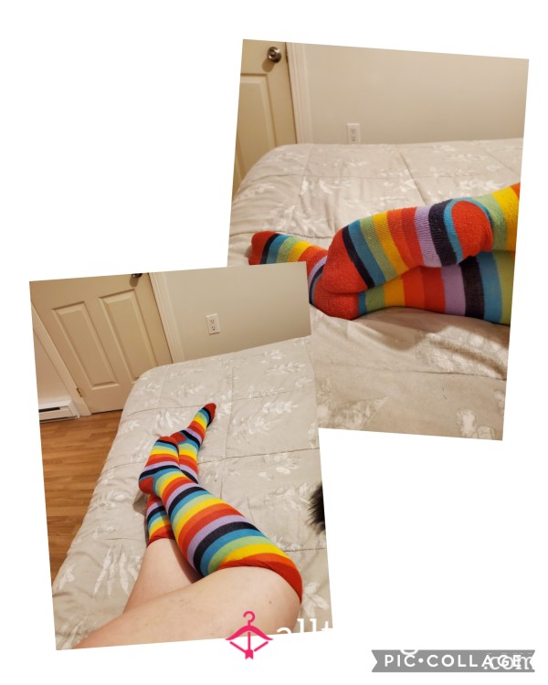 Knee High Rainbow Colored Socks Used Worn