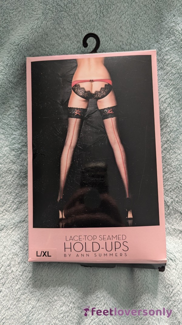 Lace Topped, Red Seam Hold Ups - Worn Or Perfect For A Sissy