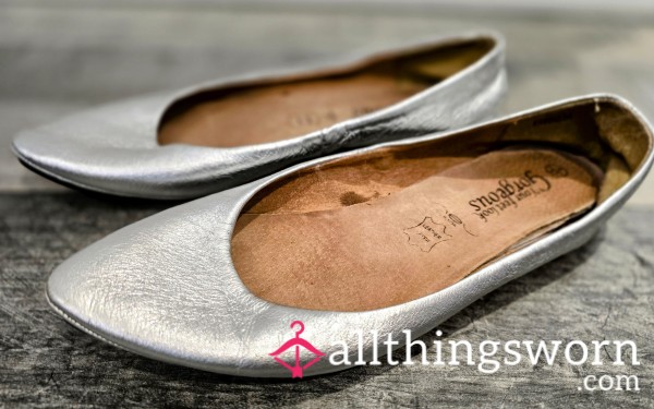 Ladies Extremely Well Worn Tatty Silver Flat Shoes For You Foot Fet**h Lovers