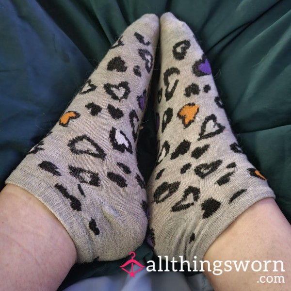 3 Day Worn Leopard Heart Print Ankle Socks