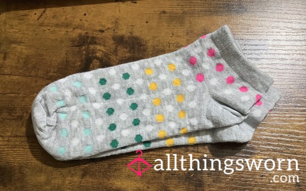 Light Gray Ankle Socks W/ Pink, Green, Yellow, & White Polka Dots - Includes US Shipping & 24 Hr Wear -