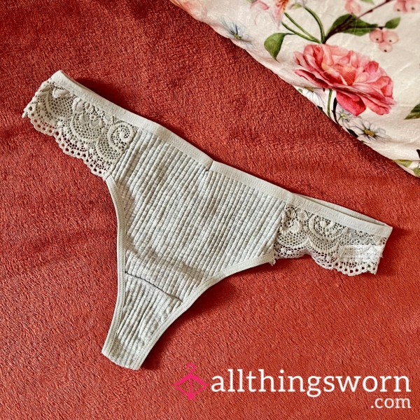 Light Grey Ribbed & Laced Thong