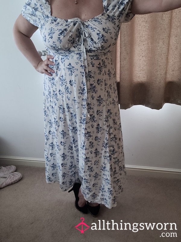 Long Blue And White Flower Dress