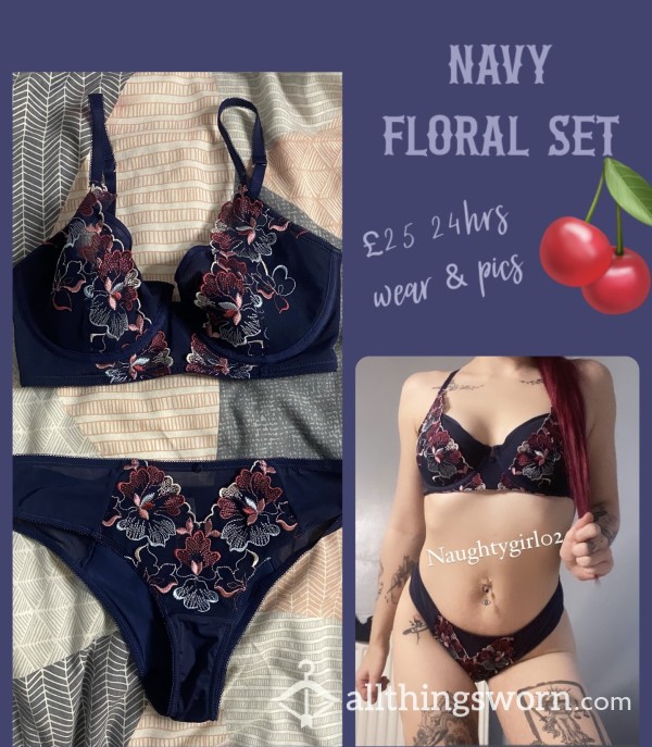 Navy Flor*l Embroidered Bra & Pantie Set💋 | 24hrs Wear & Proof Of Wear Pics🔥