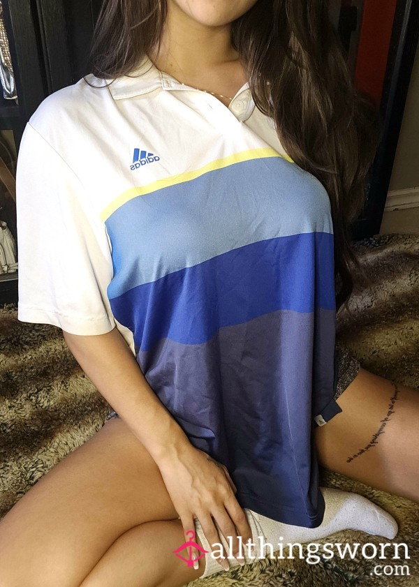 Old Adidas Golfing Shirt Silky Feel, Well Worn Stained Dirty Collard White Top Striped Blue Sports Shirt On Asian Tan Japanese Tattooed Fitness Model