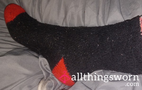 Old And Worn Fuzzy Black & Red Socks.  Already Worn 2 Sweaty Days In Leather Boots!!