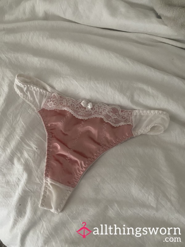 Pink And White Lace Satin Thong