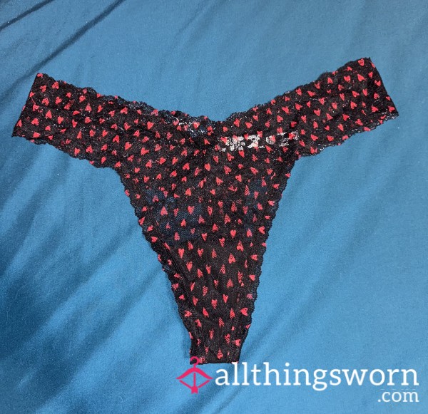 PINK Black Lace Thong W/ Red Hearts ❤️