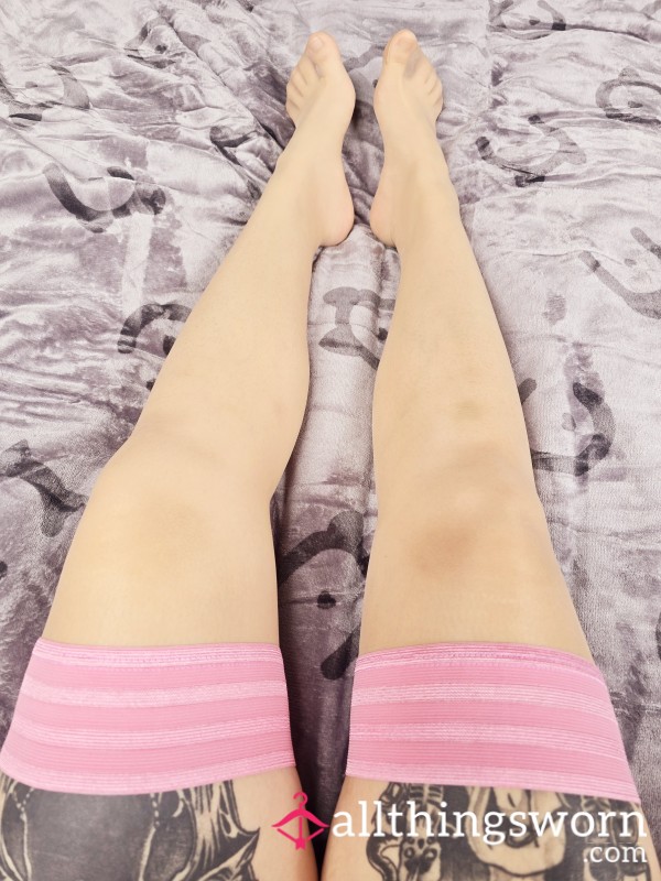 Pink Topped Nude Hold Up Stockings FREE SOCKS