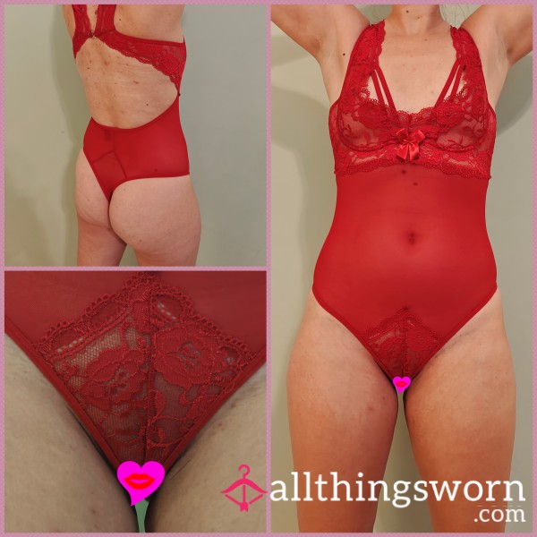 Red Lace & Mesh Crotchless Bodysuit