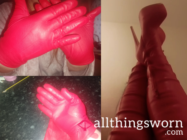 Red Leather Boots & Gloves Bundle