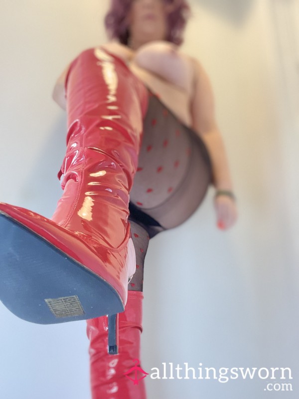 Red Shiny Heeled Boots Size 4 Worn For Just Horny Content Only And Comes With Drive Access .. Call Yourself A Boot Cleaner? Let Me Trash These For Your Enjoyment 👅