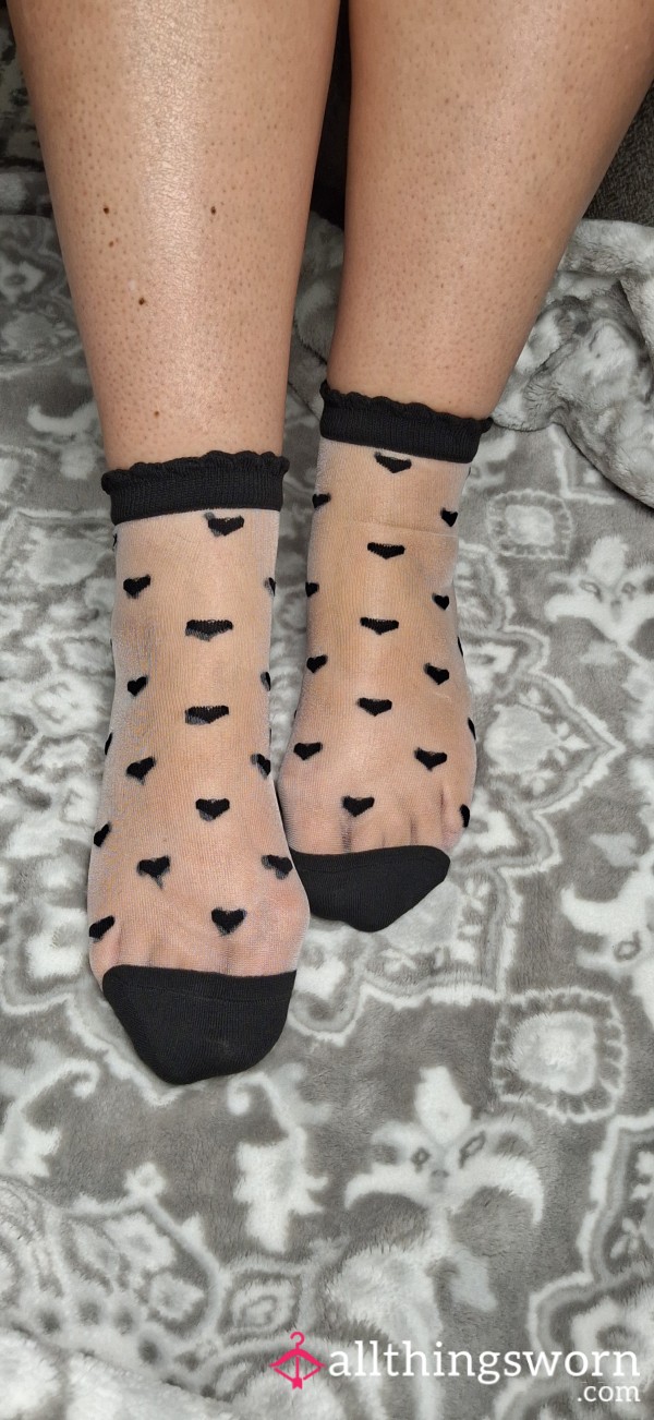 Sheer Socks With Black Hearts