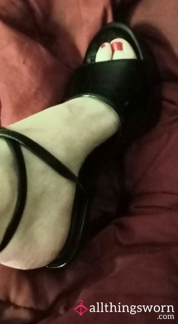 Shiny Black Stiletto Heels; Toes Painted Red; Several Angles; Some Legs; Mood Lighting